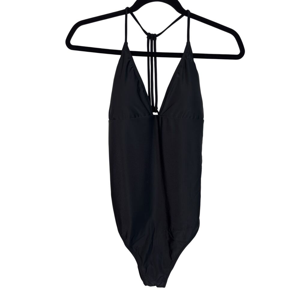 Volcom One Piece Swimsuit Womens XL Black Simply Solid 1PC Halter V-Neck NWT
